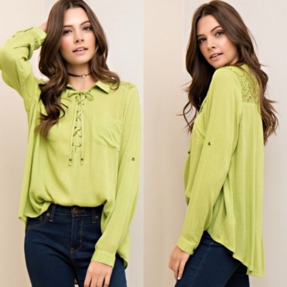 Entro | Vetiver Lace Up Crochet Back Top Lime Green New Crinkle Hi Low Medium - Picture 1 of 13